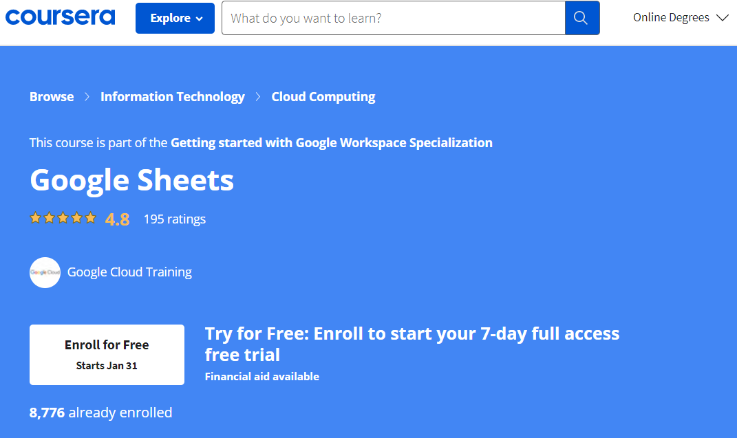 เรียน Google Sheets ฟรี บน Coursera